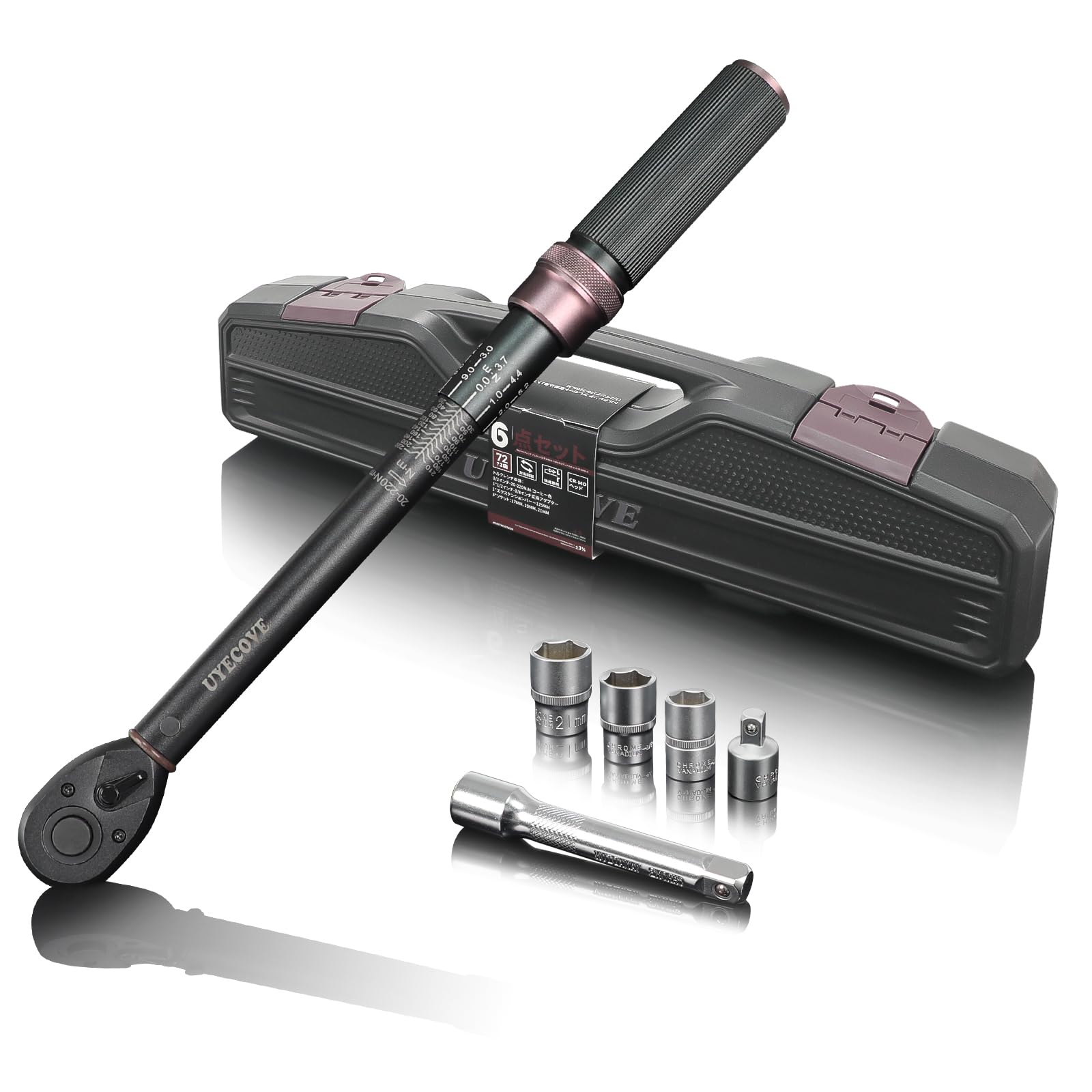 トルクレンチセット 車 タイヤ交換 プレセット型 差込角12.7 mm (1/2インチ) 20-220N.m 6点組 高精度 3％ ダブル目盛り 左右回転 短い72ギア 5送り角 快速着脱