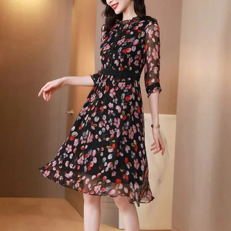 夏ワンピース シルク プリント 花柄 着痩せ ゆったり 大人 オフィス シングルボタン エレガント