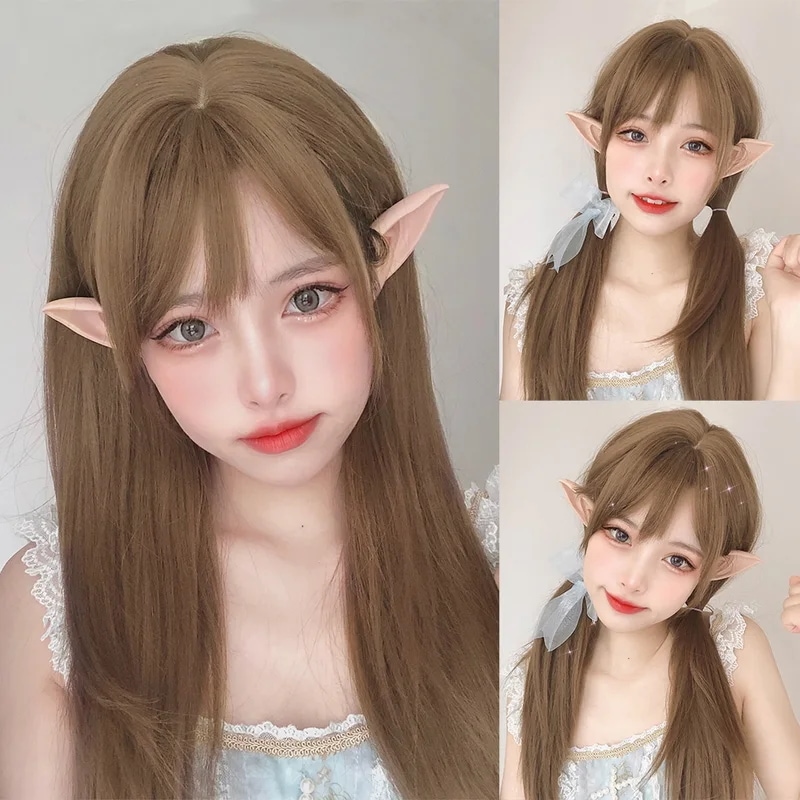 ハニーブラウンカラー合成ウィッグ女性用フリンジ付き長い天然ストレートヘア日常使用コスプレ耐熱性24インチ