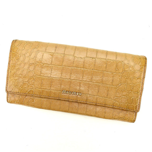 長財布 クロコダイル調 ピンクベージュ×ゴールド レディース 中古