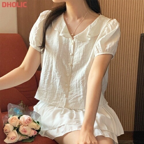 [メガ割りSALE]リネン混カラーパフスリーブブラウス