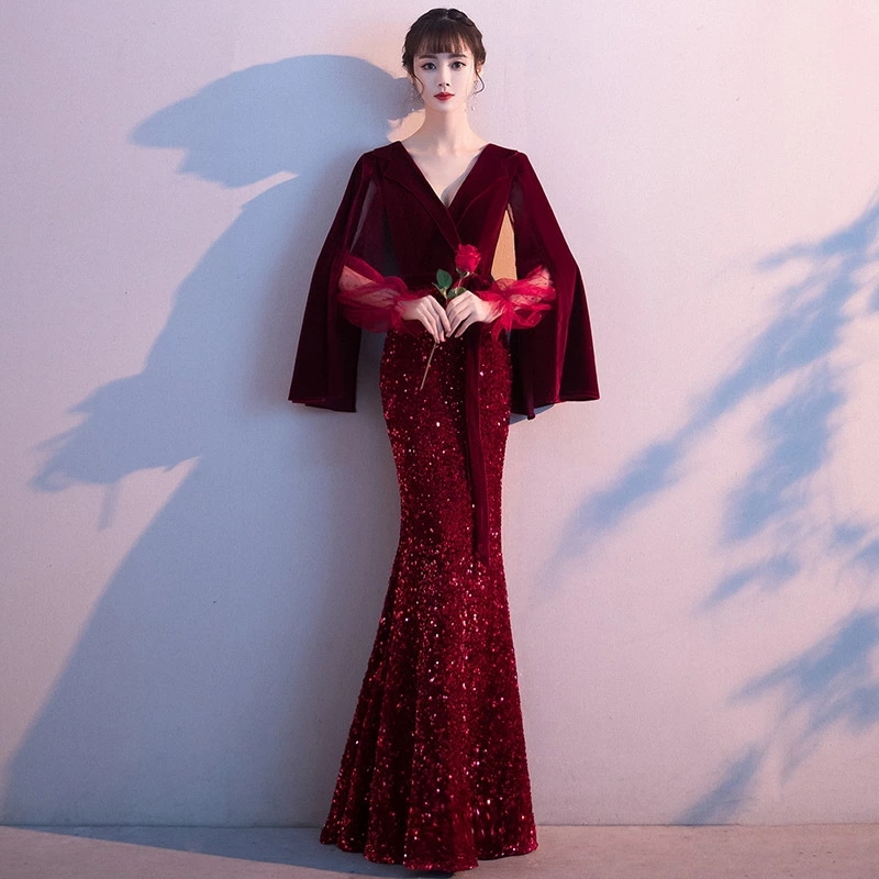 マーメイドドレス イブニングドレス ワイン赤 ベロア ベルベット スパンコール キラキラドレス 黒 ブラック ロングドレス 発表会ドレス マーメイドライン ワインレッド 結婚式ドレス 二次会ドレス パ