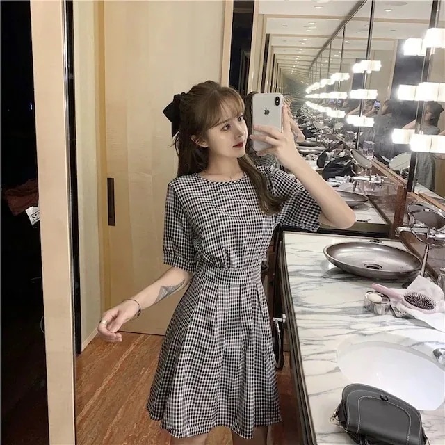 24 ガーリー ギンガムチェック 膝丈 ワンピース バックシャン おしゃれ かわいい 韓国 カジュアル ファッション レディース お出かけ