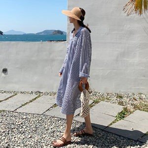 長袖シャツ シャツ レディース ロングシャツ 長袖 紫外線対策 ストライプ 薄手 ゆったり UVカッ
