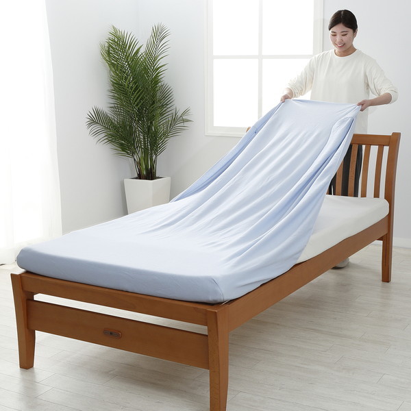 西川 2137-00016230 取付簡単!クイックラップシーツ 洗える 日本製 ダブルクイーンサイズ ブルー