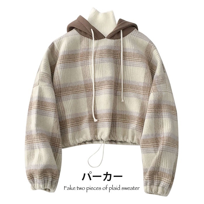 タータンチェック レディース パーカー プルパーカー プルオーバーパーカー 長袖 ショート丈 チェック柄 フード付き 切り替え ゆったり ゆるパーカー トップス プルオーバー 春新作