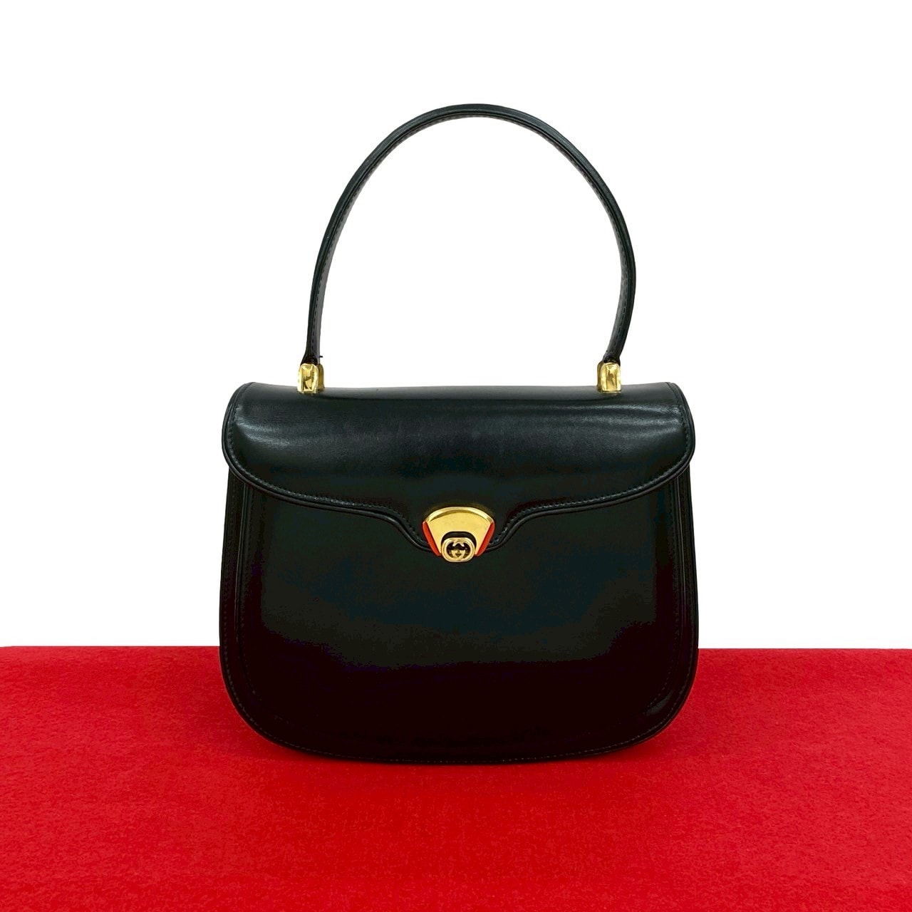 ヴィンテージ ロゴ 金具ハンドバッグ カーフ レザー ブラック 84490