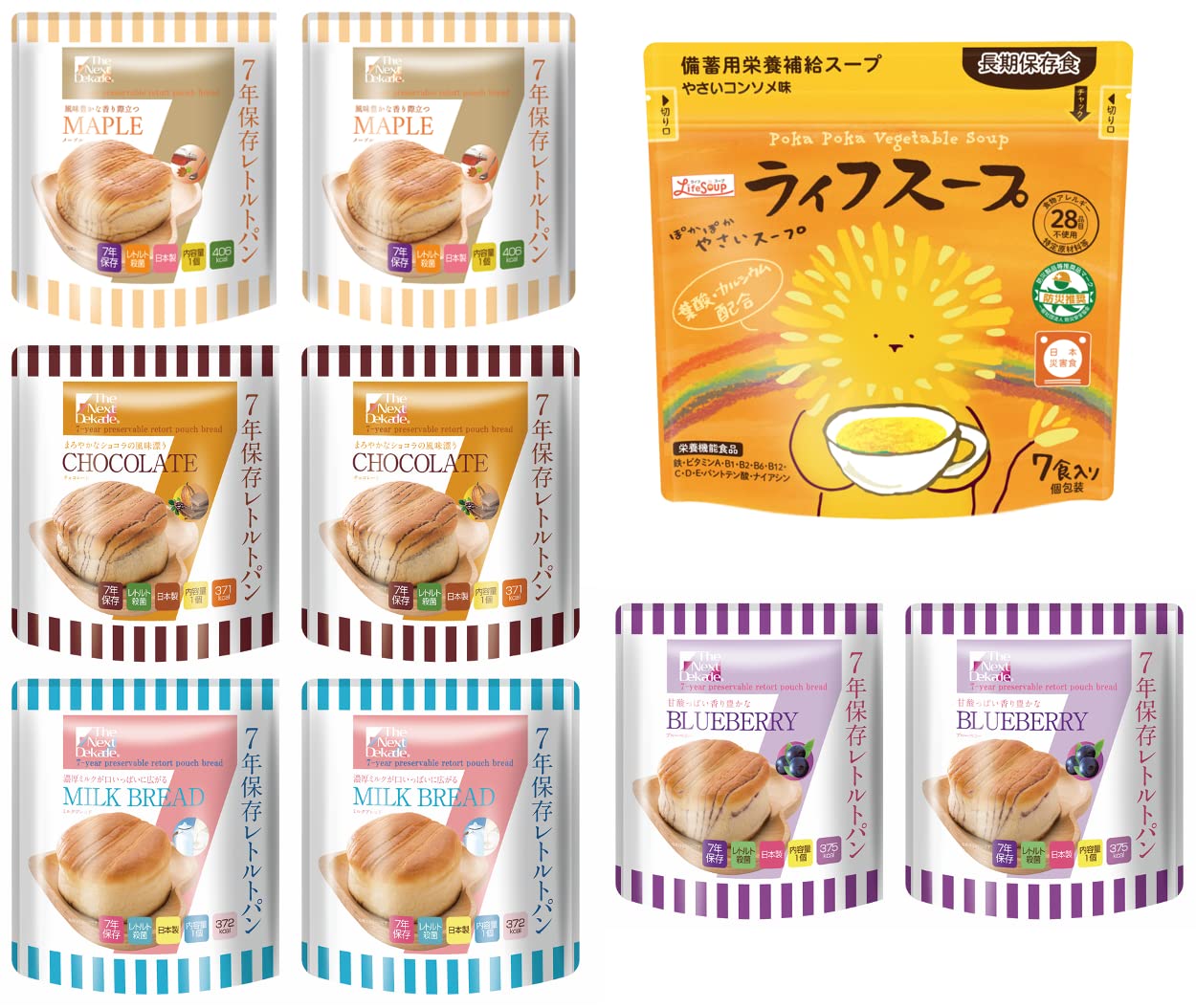 長期保存 ライフスープ 野菜コンソメ味+レトルトパン セット/スープ7食入+パン8食入(4種×各2食)/非常時 災害時 避難 キャンプ 登山に最適