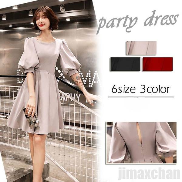 ドレス 膝丈 パーティードレス 二次会 女子会 謝恩会 ワンピース パフスリーブ 結婚式 披露宴 発表会 演奏会 無地 20代 30代 40代 レッド グレー ブラック