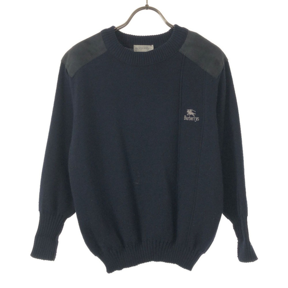 バーバリーズ 80s 90s 英国製 ウールブレンド 長袖 コンバットニット セーター 134/140 ネイビー Burberrys ニット エルボーパッチ オールド キッズ
