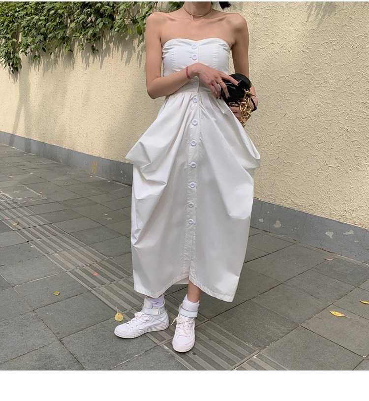 ワンピース チューブトップスカート ドレス スカート ハイウエスト シャーリング 白トップス ロング丈 袖なし セミフレア バックリボン スリット 綿 かわいい 大人可愛い きれいめ シンプル 大人 5,382円