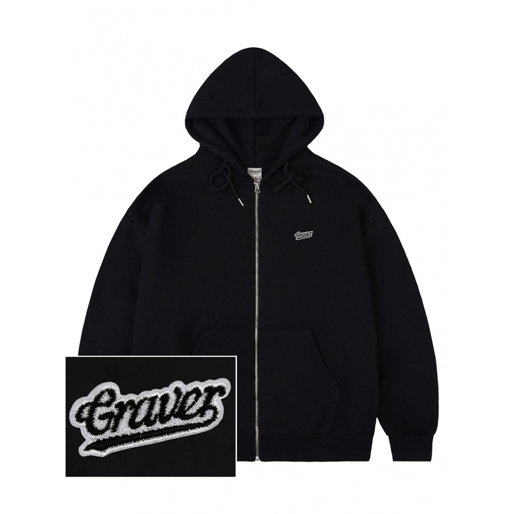 GRAVER ベースボールロゴエンブロイダリーフーディージップアップブラック