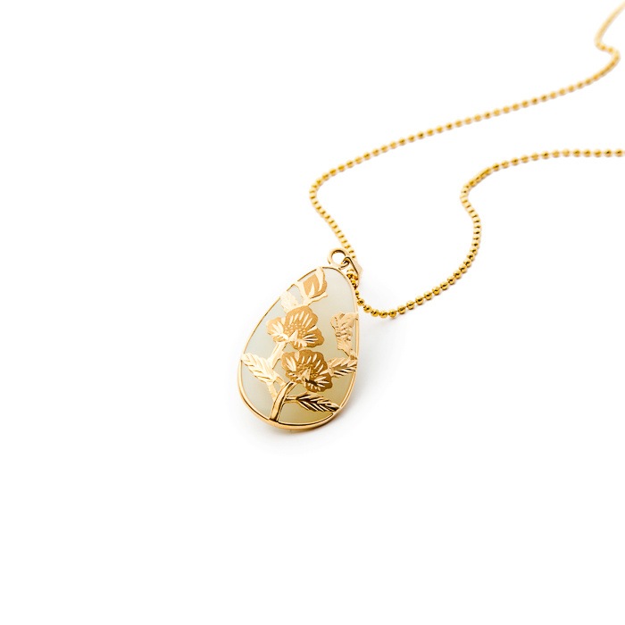 MB Jewelry Korean Sculpted Gold Rose of Sharon Nephrite Jade Drop Pendant