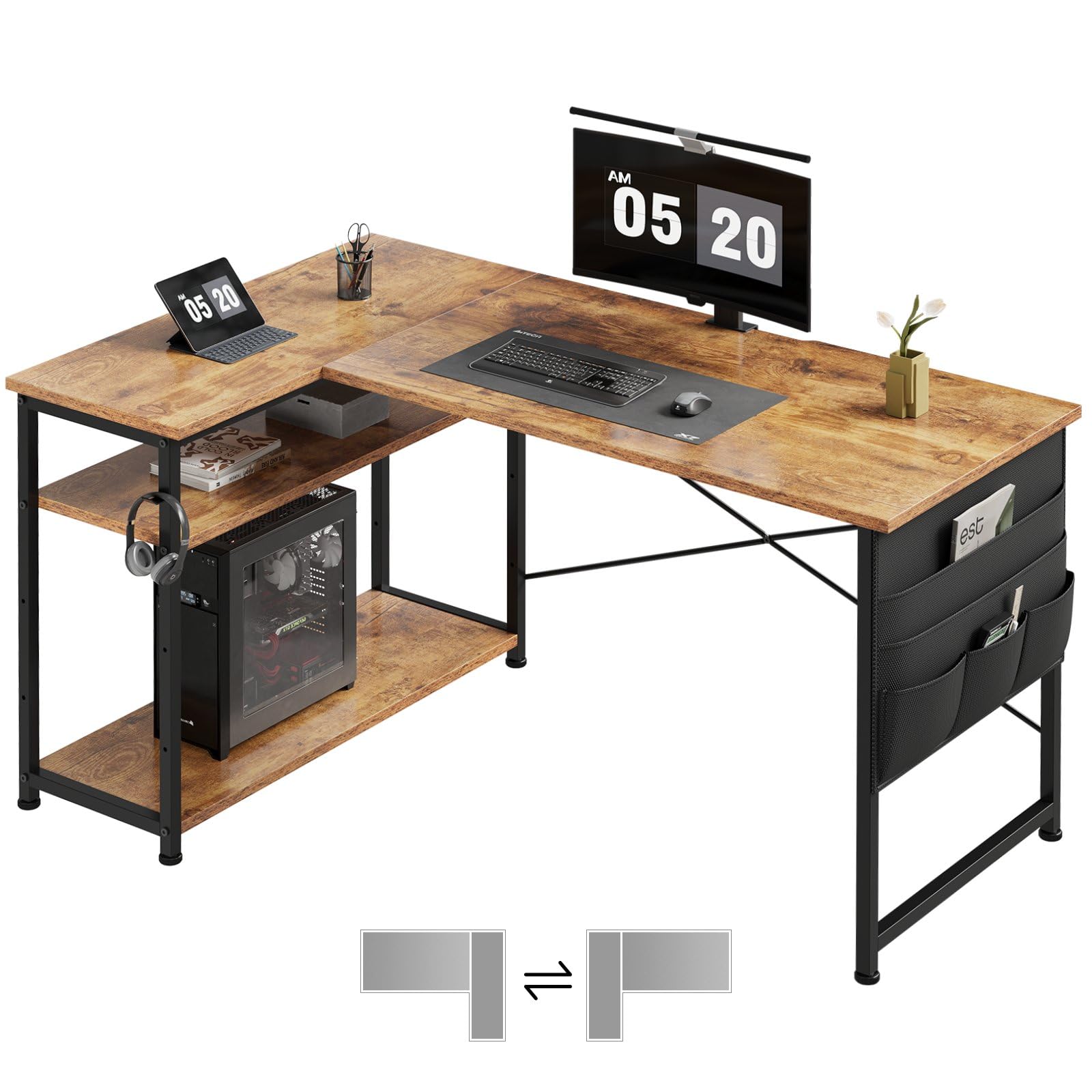 Maihail l字デスク 机 pcデスク 学習机 勉強机 パソコンデスク 右棚左棚 幅99cm コーナーデスク つくえ 棚板高さ調節可能 作業机 L字型 リモートワーク ラック付き ピンテージ