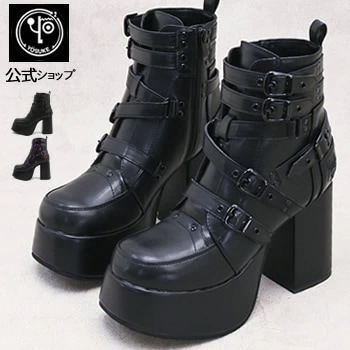 直営SHOP限定 ヨースケ 厚底ブーツ レディース ミリタリーなベルトデザイン ショートブーツ 12.5cm 厚底ヒール　公式SHOP特典キズ補修液付