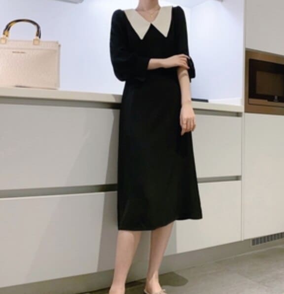 ワンピース デート かわいい 大人可愛い きれいめ シンプル カジュアル 大人 上品 おしゃれ 襟付き ミモレ丈 ひざ下 ブラック 無地 ガーリー オフィス 通学 通勤 ママ おでかけ 韓国 モテ