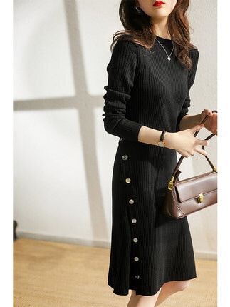 スカート ワンピース ニットソー セーター ニットワンピ 膝丈 ひざ丈 ミドル丈 袖あり 長袖 ラウンドネック 襟なし ハイウエスト リブ ケーブルニット リブニット ボタン ニット かわいい