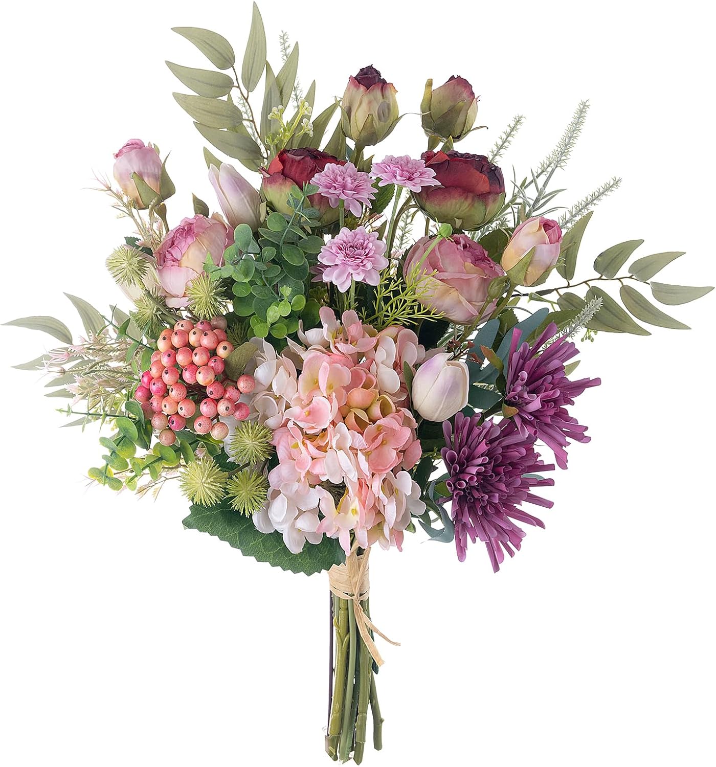 造花ブーケ 観葉植物 バラ 紫陽花 菊 チューリップ フルーツ 葉 1束 パープル ピンク 緑