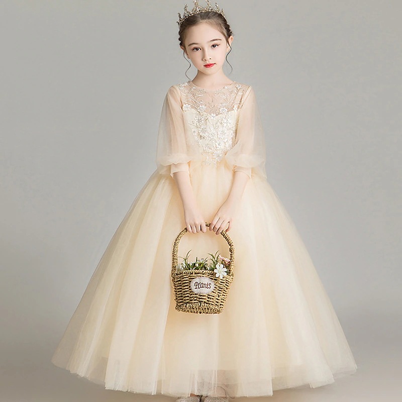 女の子のドレスプリンセスドレスチルドレン2025ファッショナブルなウェディングドレスふっくらした花の花の子供のショーホストピアノパフォーマンスコスム