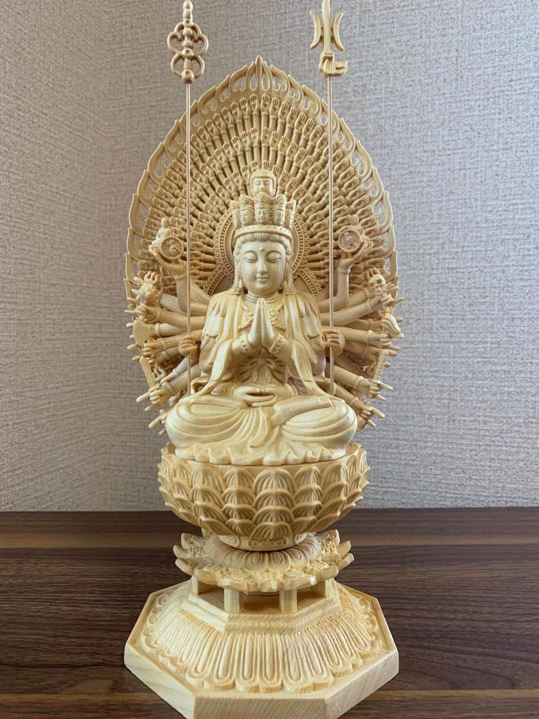 仏像 千手観音 千手観音像 檜木 木彫 仏具 (約)高28cm幅12cm奥行12cm