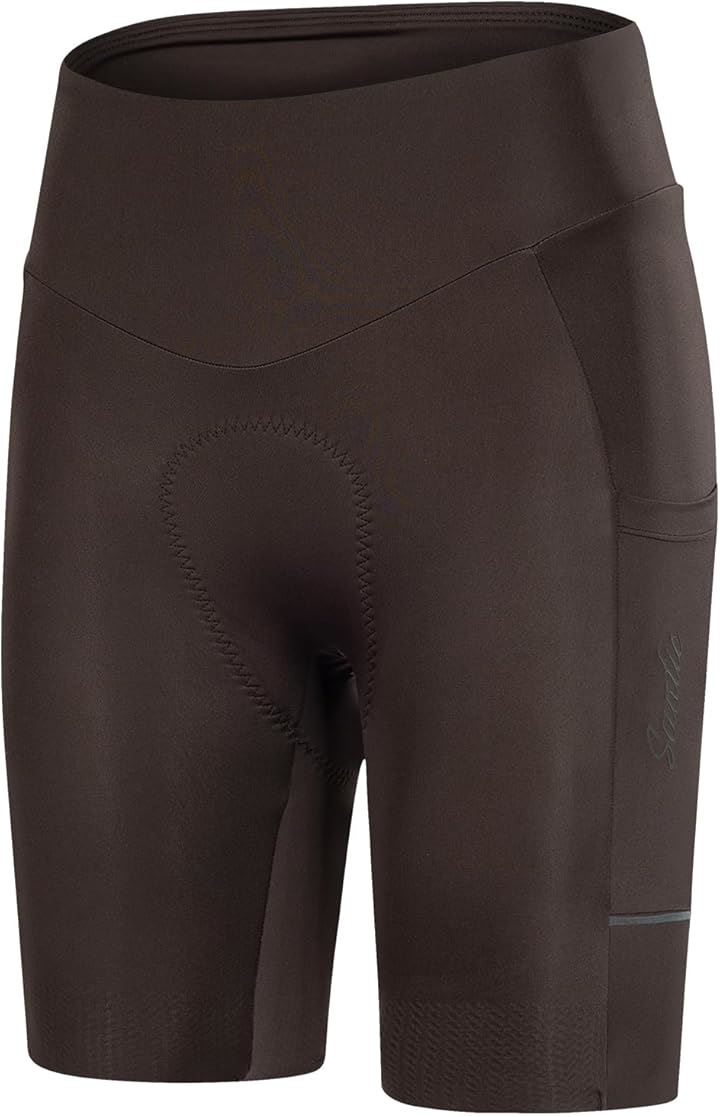 レディース サイクルパンツ サイクルショーツ ハイウエスト4Dパッド 高弾性 通気性 サイドポケット 滑り止め 反射ストライプ 自転車ロードバイクショーツ(ブラウン, L)