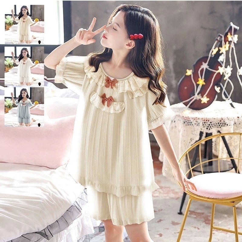 【即納】キッズ ナイトウェア ２点セット パジャマ 半袖 女子 リボン付き レース本 フリル 簡潔 子供服 高品質 小学生 かわいい おしゃれ