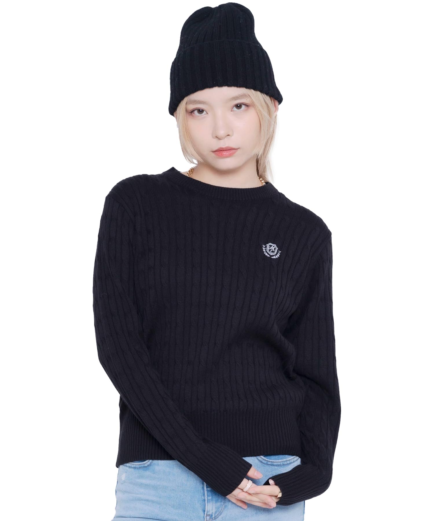 Marie claire(マリクレール) ニット セーターニットセーター レディース ワンポイント ブランド 長袖 ロゴ刺繍 ケーブル編み クルー ニットレディース