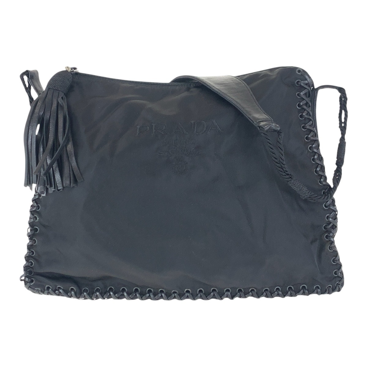 ブラック 黒 ナイロン/レザー 斜め掛け ショルダーバッグ フリンジ レディース 501642