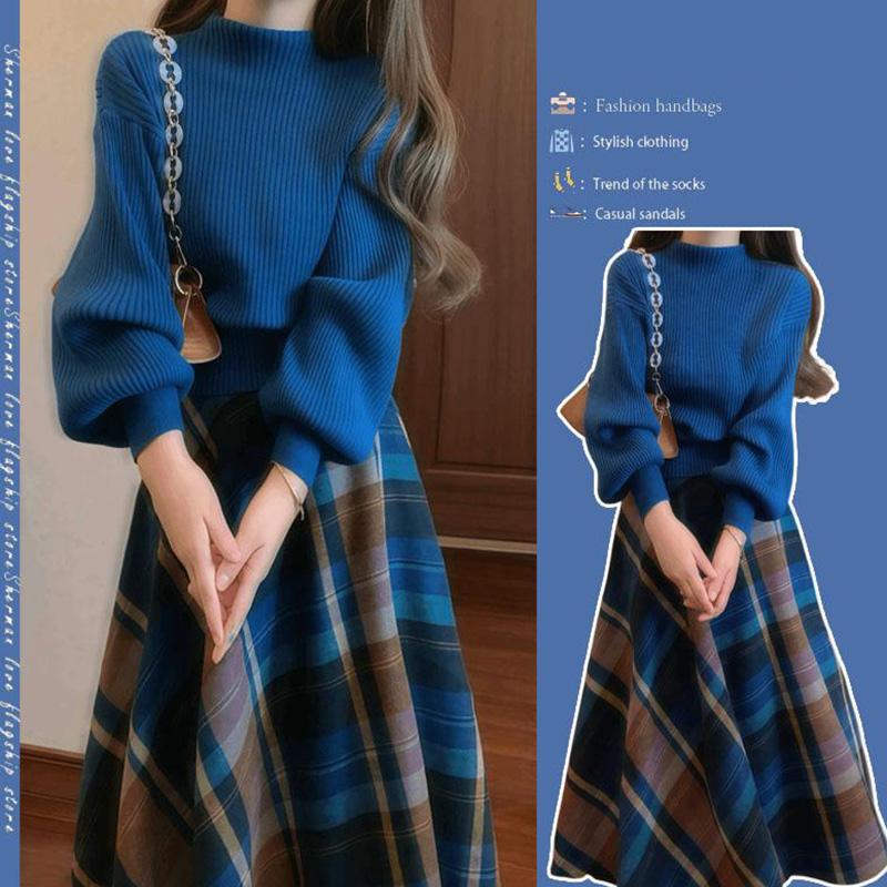梨型の体つきが見えて痩せるスーツ女性の秋のファッション洋風ニットセーター揚げ街チェックの半身スカートの2点セット