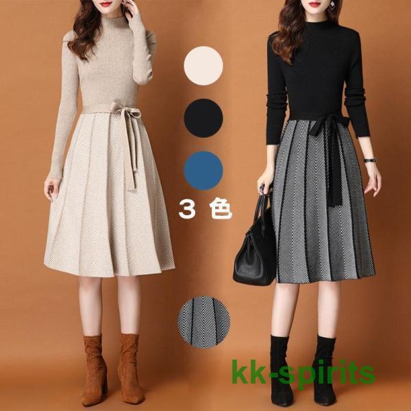 大きなプロモーション 数量限定 ニットワンピース レディース 秋冬 黒 40代 50代 卒業式 服 母 ママコーデ セーター プリーツスカート 切り替え 膝丈ワンピース ホワイトデーのお返し 早めに購