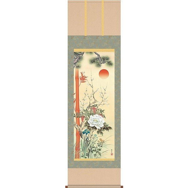 掛軸/開運画/開運花鳥/四季百花繚乱之図/北山歩生/三美会/洛彩緞子本表装/尺五サイズ幅54.5cm/桐箱畳紙収納/表装品質十年保証