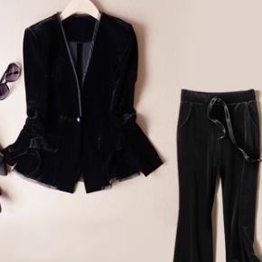 レディース 2点セット セットアップ スーツ トップス ボトムス ジャケット ミディアム丈 長袖 前開き ボタン パンツ ストレートパンツ ワイドパンツ ポケット ベルベット かわいい 大人可愛い