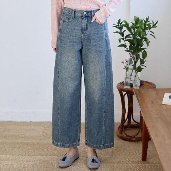 (JN)5015 ヴィンテージウォッシング切開ラインデニムバギーパンツ