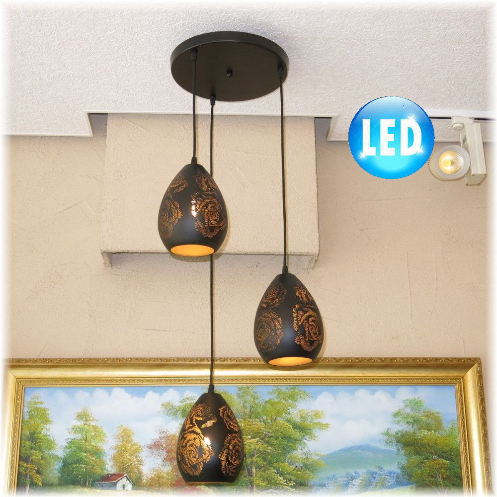 【LED付き！】新品 豪華！ 粋なデザイン LED ブラックアイアン 3連 吊り下げ ペンダント照明