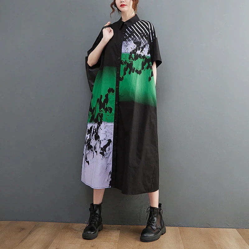 大きいサイズ通勤ロングワンピース2024夏の新型文芸ゆったりとしたやせた洋気半袖プリントシャツワンピース