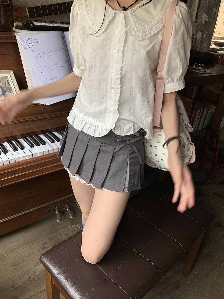 韓国の優しい気質の女性用パフスリーブトップス爽やかなフリルドールカラー半袖シャツシャツ・ブラウス