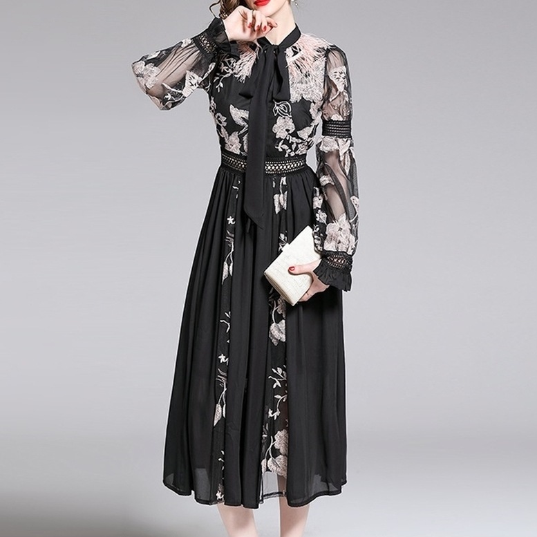 ワンピース ドレス レディース フラワー ロングワンピース フレア チュール 異素材ワンピ レース