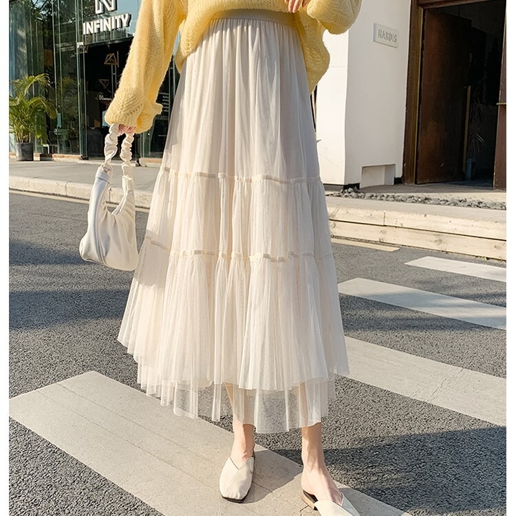 スカート レディース ロングスカート 韓国 チュールスカート メッシュスカート ロング丈 フレア ウエストゴム かわいい 大人可愛い きれいめ カジュアル エレガント 清楚 フェミニン お洒落 お嬢様