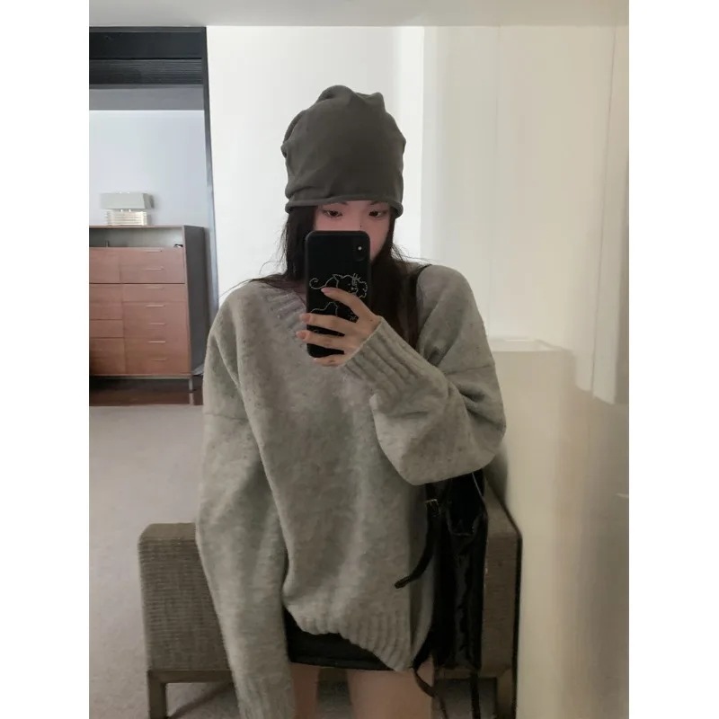 居心地の良い長袖 V ネックニットセーター女性の冬の新スタイルミッドレングスルーズ痩身オーバーヘッドニットトップピュアカラー - 200000345