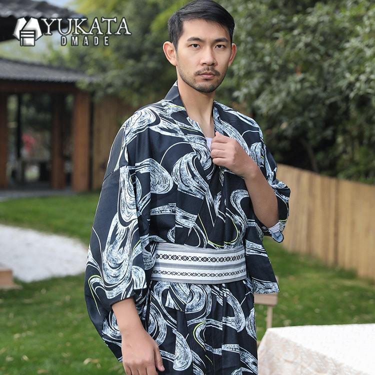 出荷が迅速である 独占販売 浴衣 メンズ 2点セット 曲水柄 黒 男性 男性用 紳士 和服 作り帯 ゆかた 夏服 ポリエステル浴衣 浴衣セット ギフト プレゼント かっこいい おしゃれ 人気 花火大