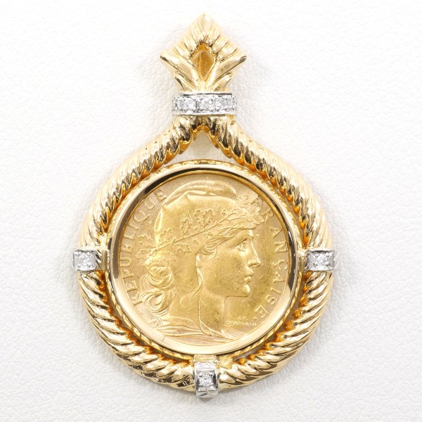 フランス マリアンヌ ルースター 20フラン K21.6YG PT ペンダントトップ ダイヤ 中古