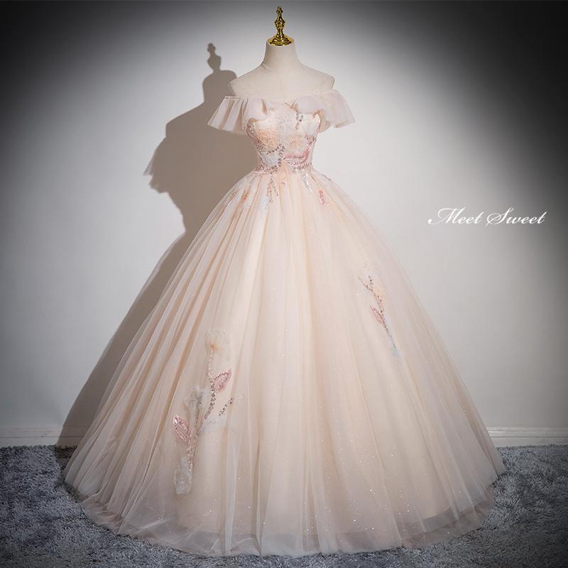 カラードレス プリンセスライン ロングドレス シャンパン ピンク オフショルダー ウェディングドレス 結婚式 二次会 花嫁 前撮り 演奏会 発表会 ステージ衣装