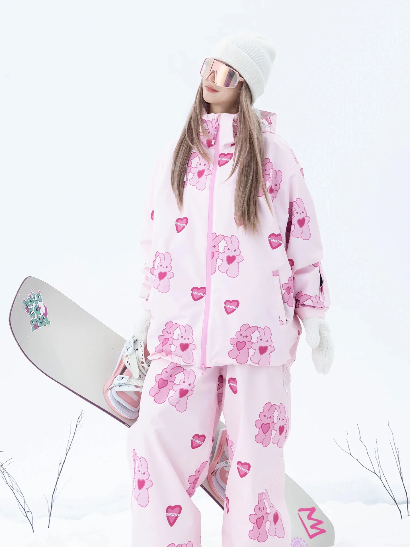 高品質のスキー用具！ スノーボードウェア 20上下セット メンズ レディース 耐水圧15000mm ジャケット パンツ 兎柄2.0 ピンク 撥水 3L 風 スノボウェア スノーウェア スキーウェア20