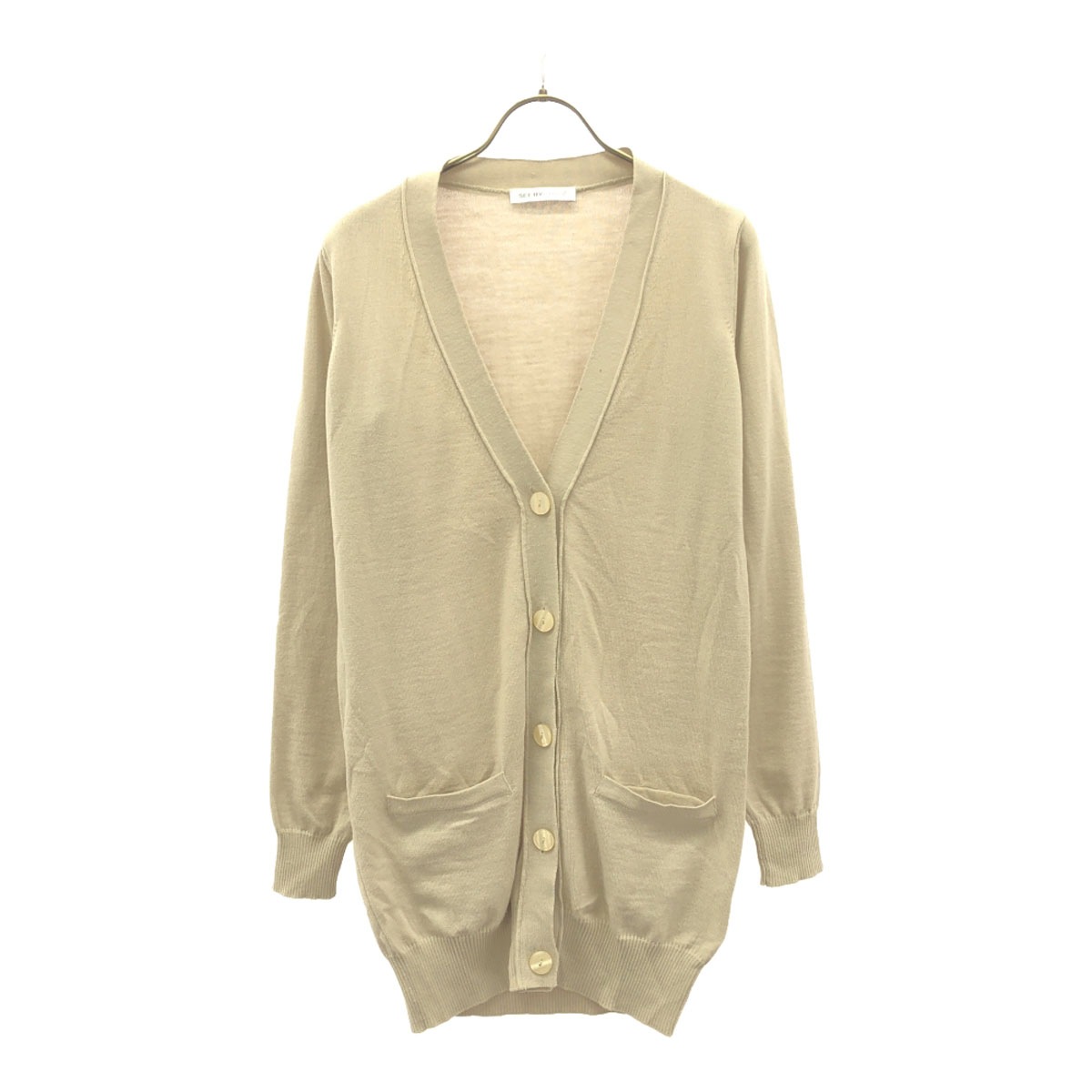 ウール 長袖 Vネック カーディガン ベージュ系 レディース 古着