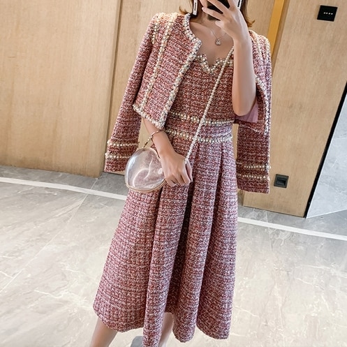 きれいめ 長袖 上品 フェミニン チェック柄 ツイード ツーピース 食事会 デート セットアップ ロ