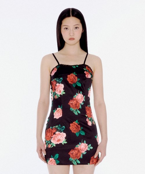 YOUHEE SATIN FLOWER PATTERN DRESS BLACK YHOPEA002BK