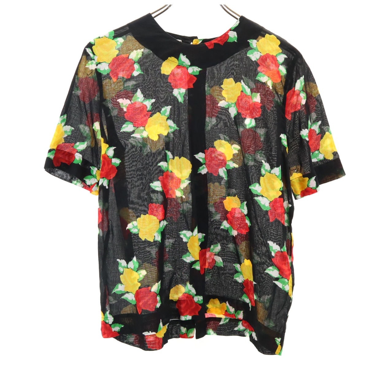 フランス製 バラ柄 半袖 ノーカラー ブラウス 40 ブラック レディース 古着