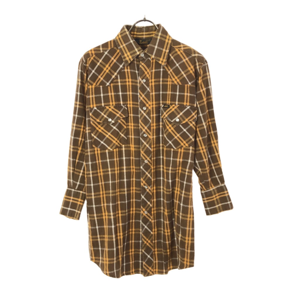 70s チェック 7分袖 ウエスタンシャツ S ブラウン×イエロー オールド ヴィンテージ メンズ