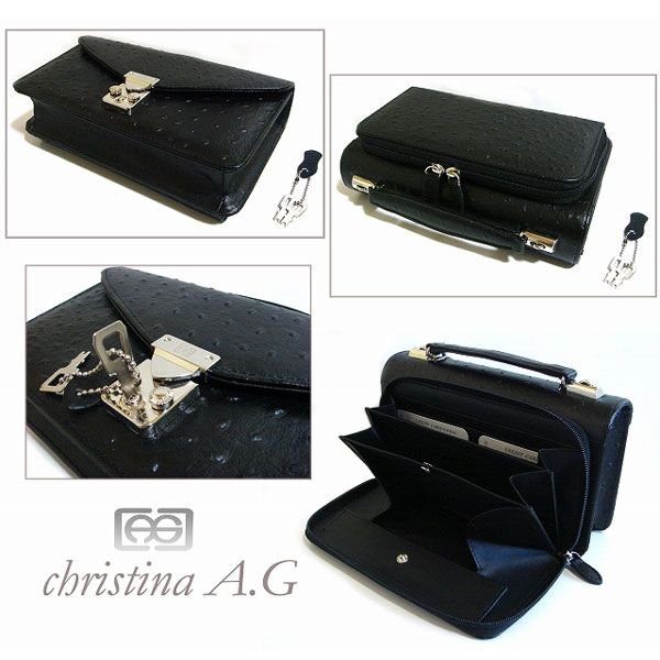 【christina.A.G】オーストリッチ型押し牛革セカンドバッグ（鍵付き）AN-170