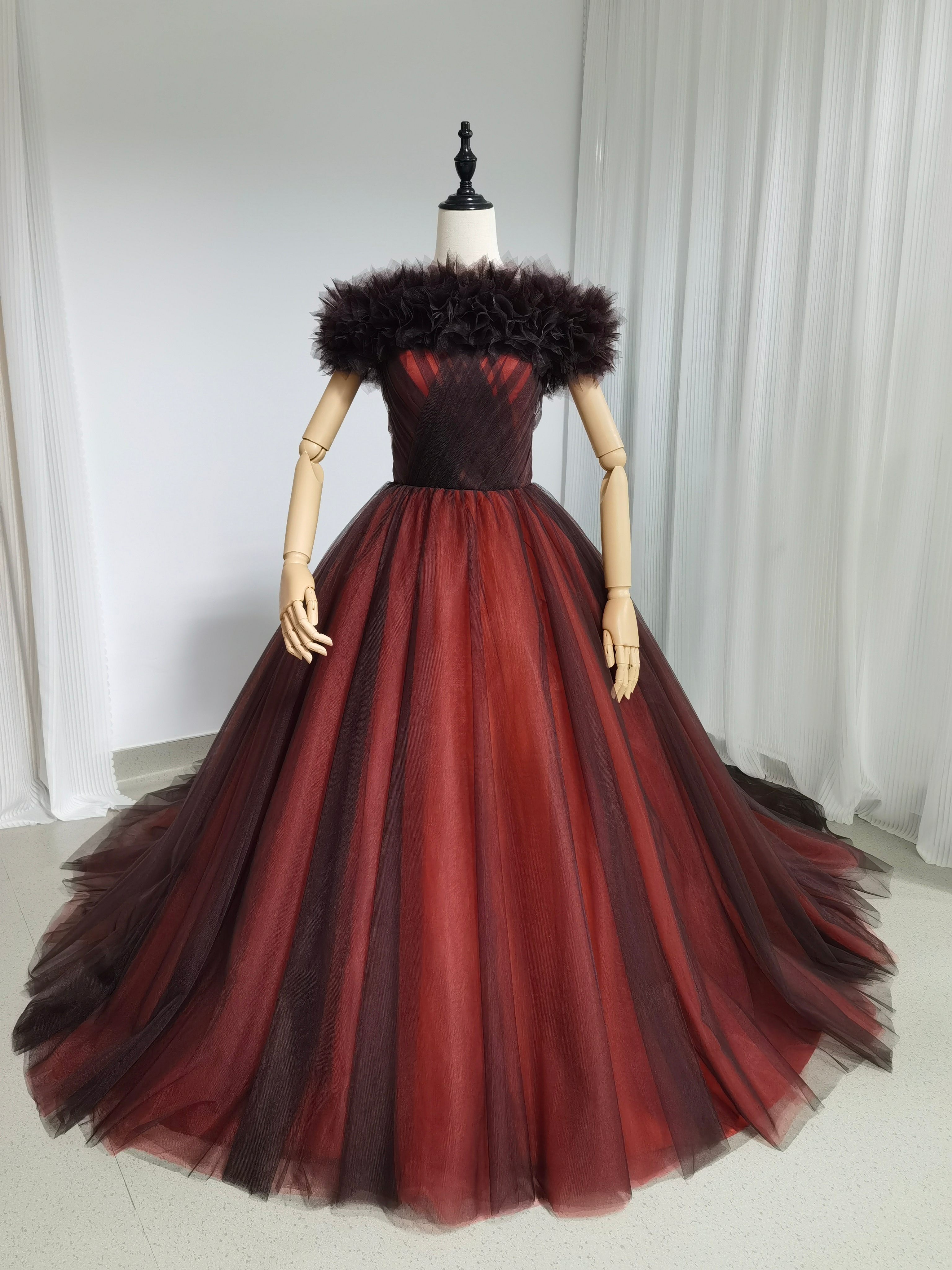 豪華！カラードレス テラコッタ色 取り外しオフショルダー ベアトップ Aライン ソフトチュール 披露宴/前撮り